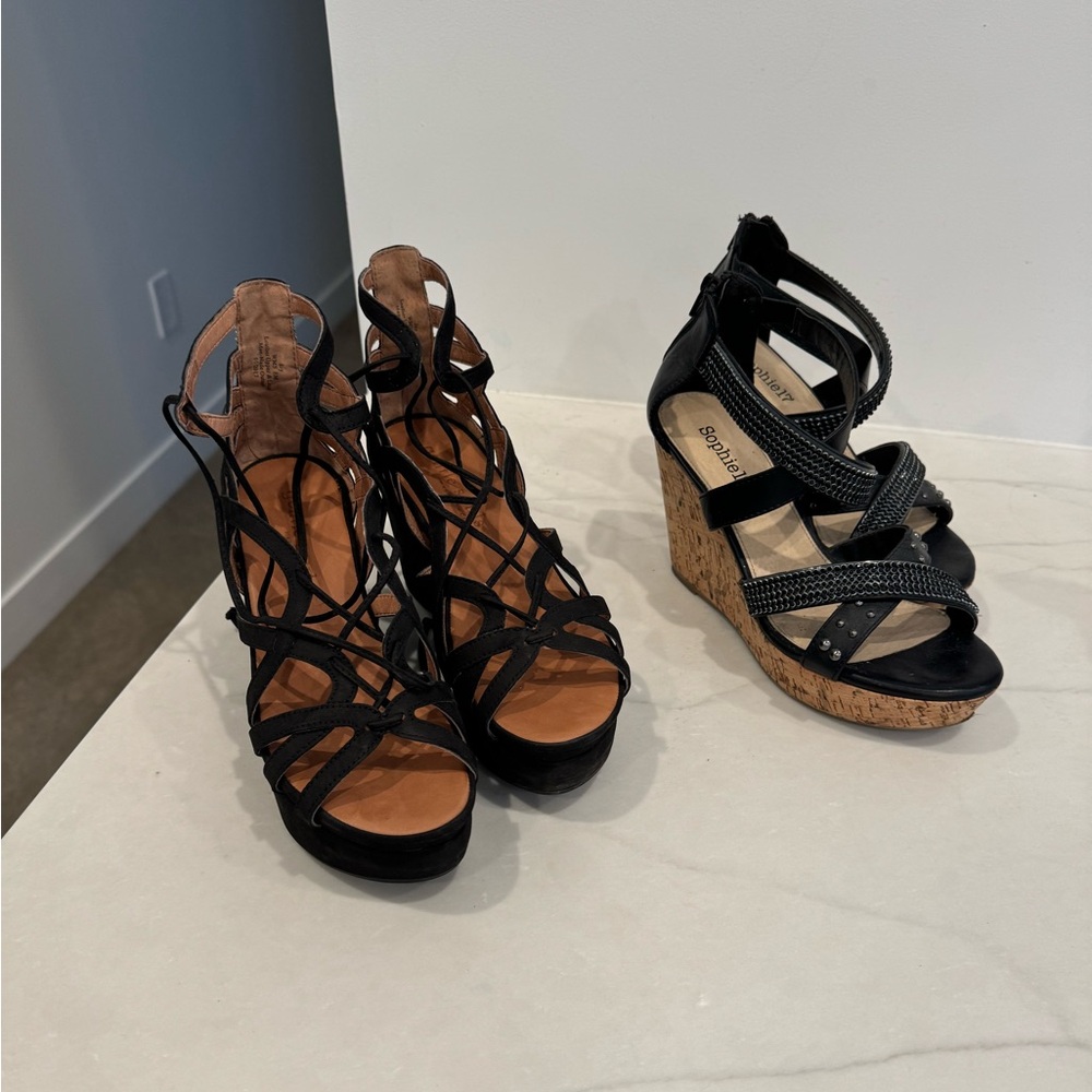 Gentle Souls Black and Tan Wedge Sandals